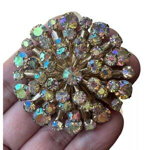 VTG‎ Flower Brooch Pin Layered Aurora Borealis Rhinestones Sparkly 2"